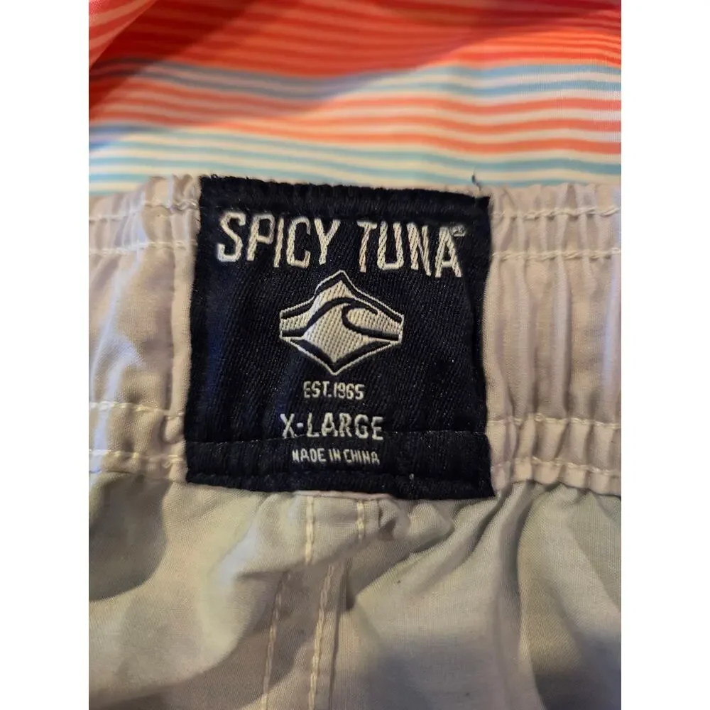 Spicy Tuna Swim Trunks Men Sz XL Striped‎ Pockets Mesh Lined Drawstring Shorts